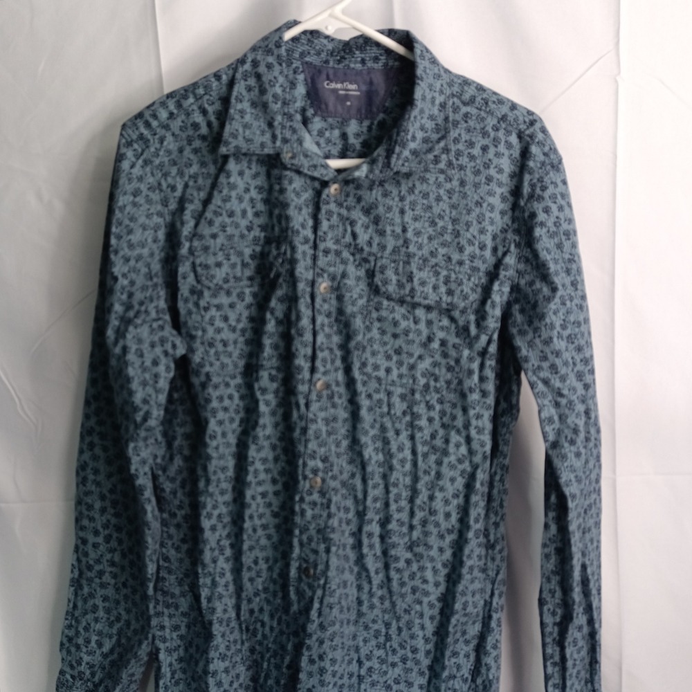 Calvin Klein Jeans Mens Medium Blue Floral Rose Print Long Sleeve Button Down